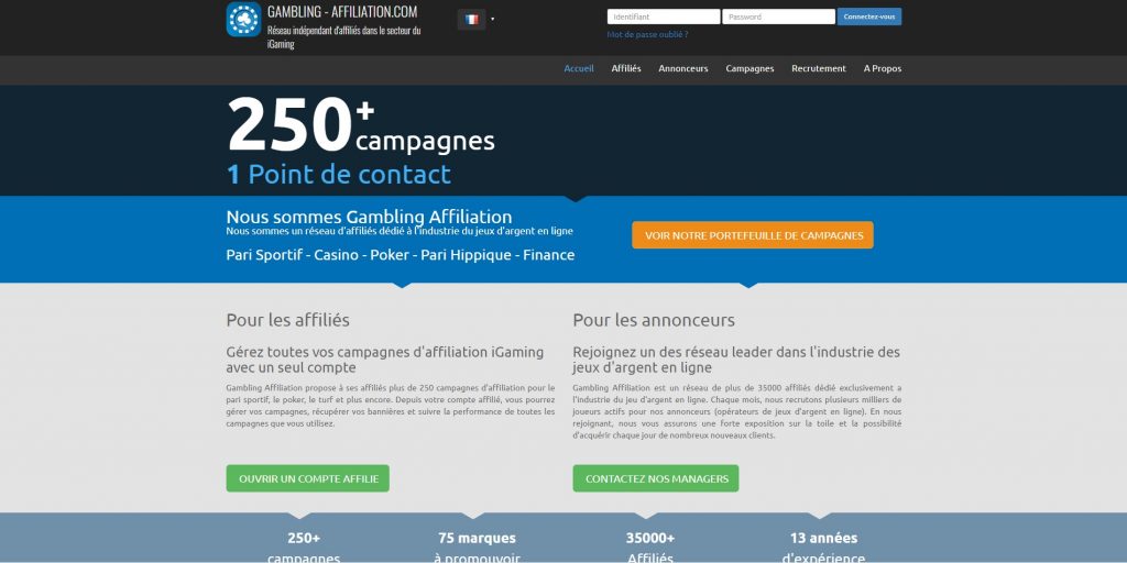page d'accueil de la plateforme d'affiliation Gambling Affiliation