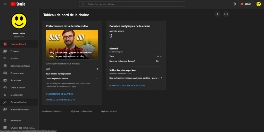YouTube studio pour créer un lien d'abonnement direct à sa chaîne Youtube