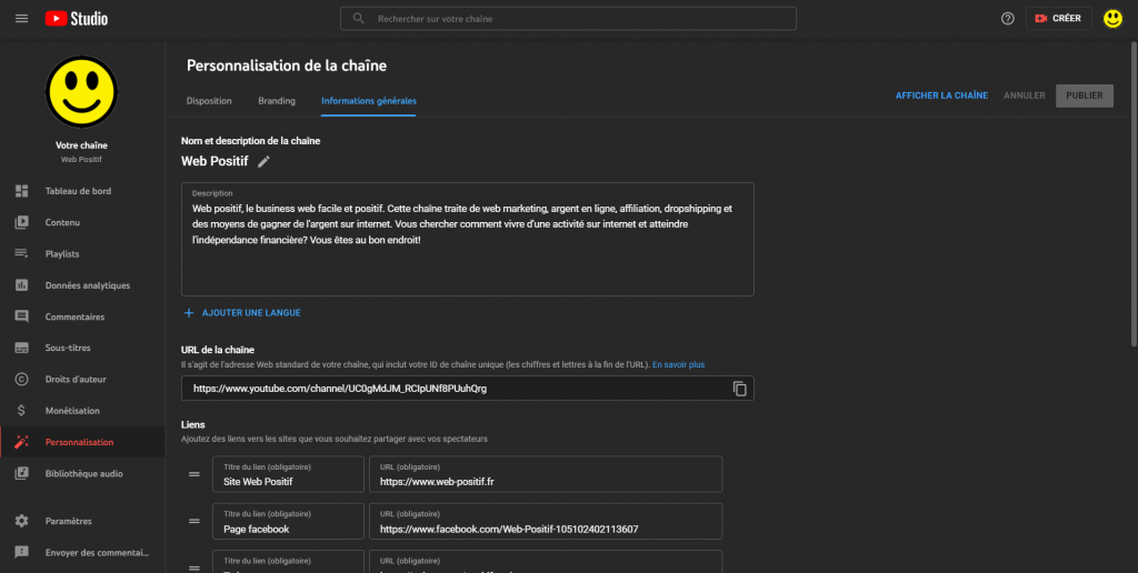 copier l'URL pour créer un lien d'abonnement Youtube