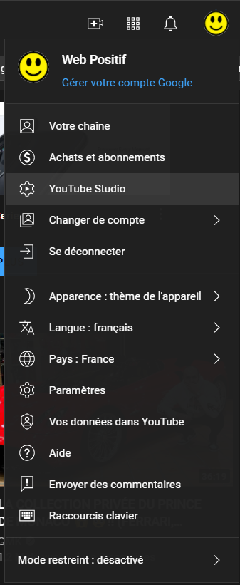 Menu YouTube pour accéder à youTube studio et créer le lien d'abonnement youtube
