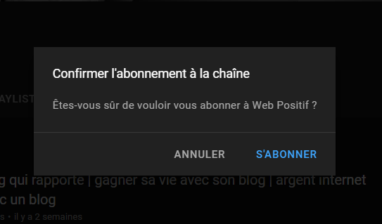 fenêtre de confirmation du lien d'abonnement Youtube